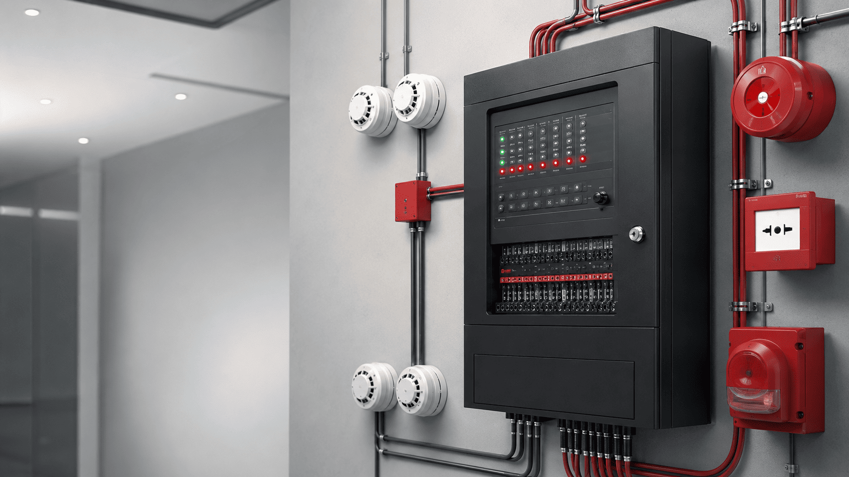 Modern fire alarm control panel with detectors and manual call points in a commercial building