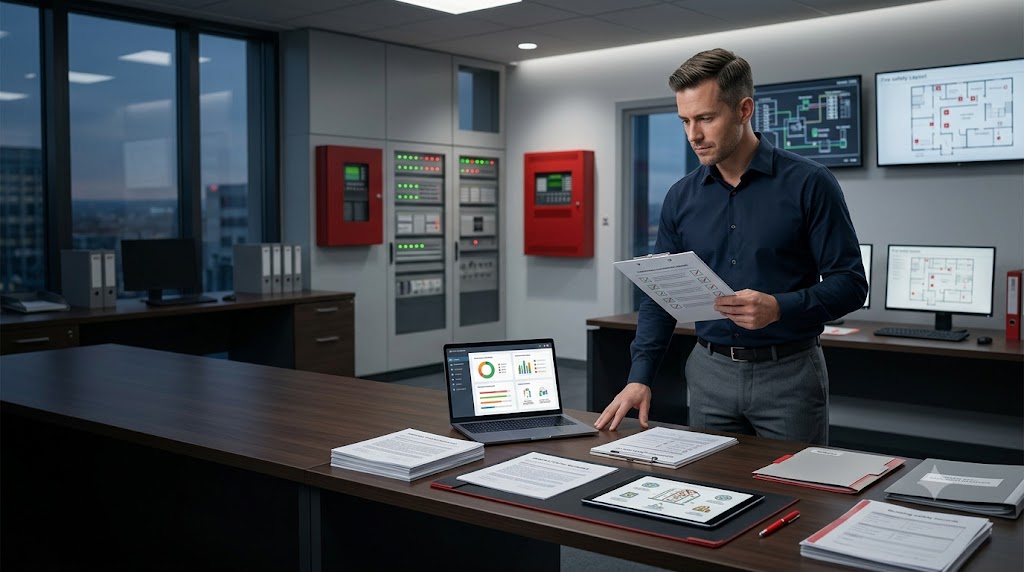 Male facility manager reviewing building inspection records and fire safety maintenance checklist