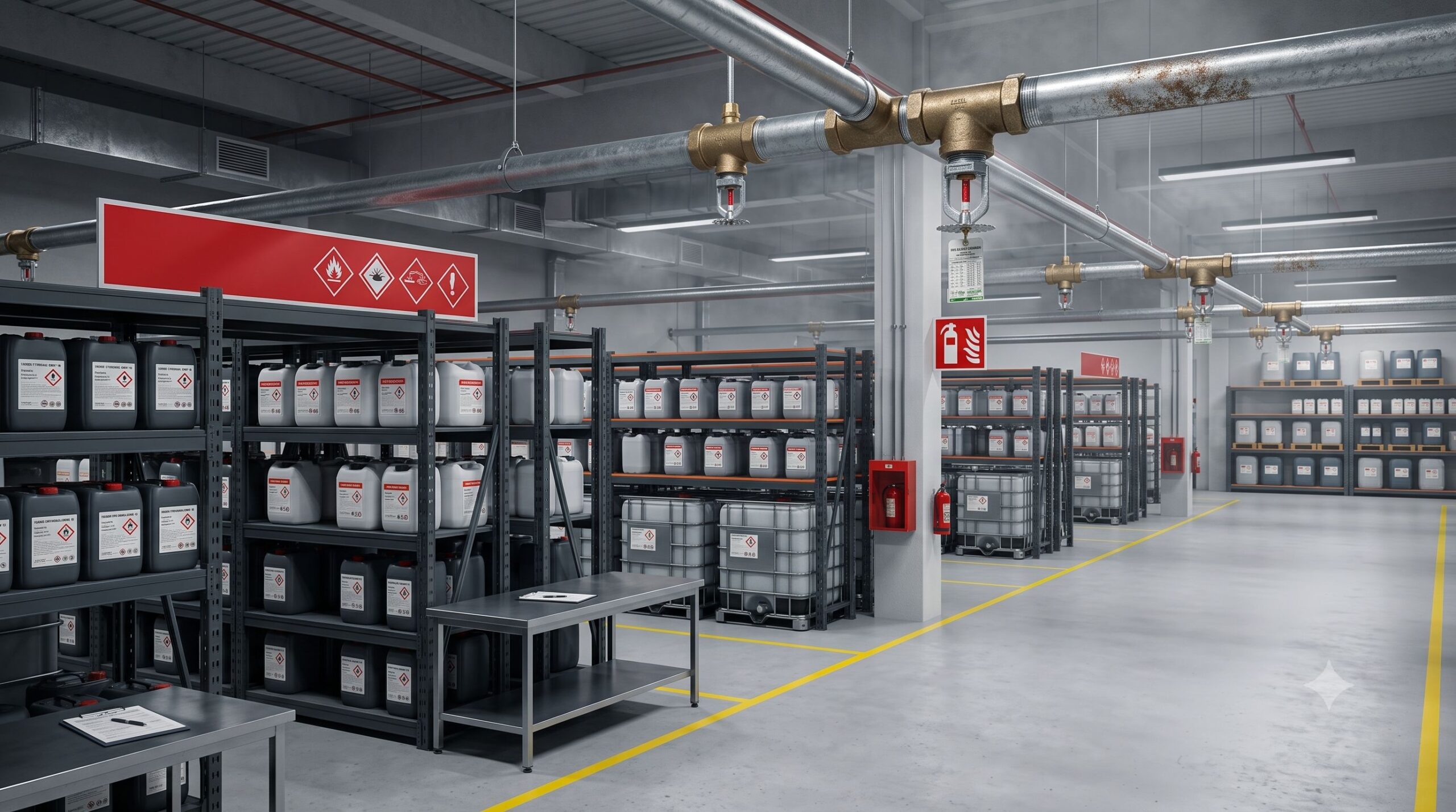 Industrial warehouse with chemical storage area and overhead fire sprinkler system under inspection