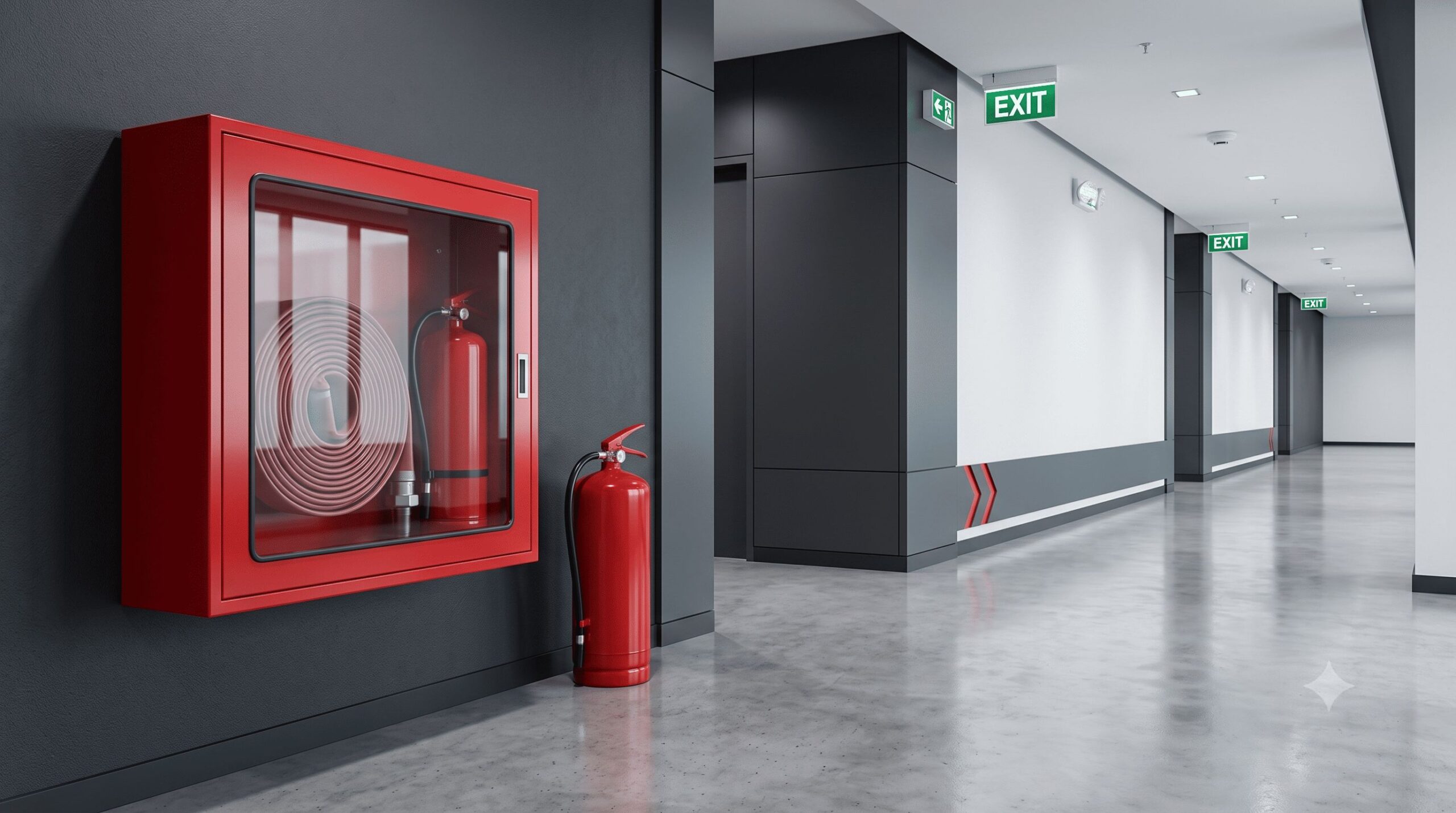 Red fire hose cabinet clearly visible and accessible inside a modern commercial building corridor