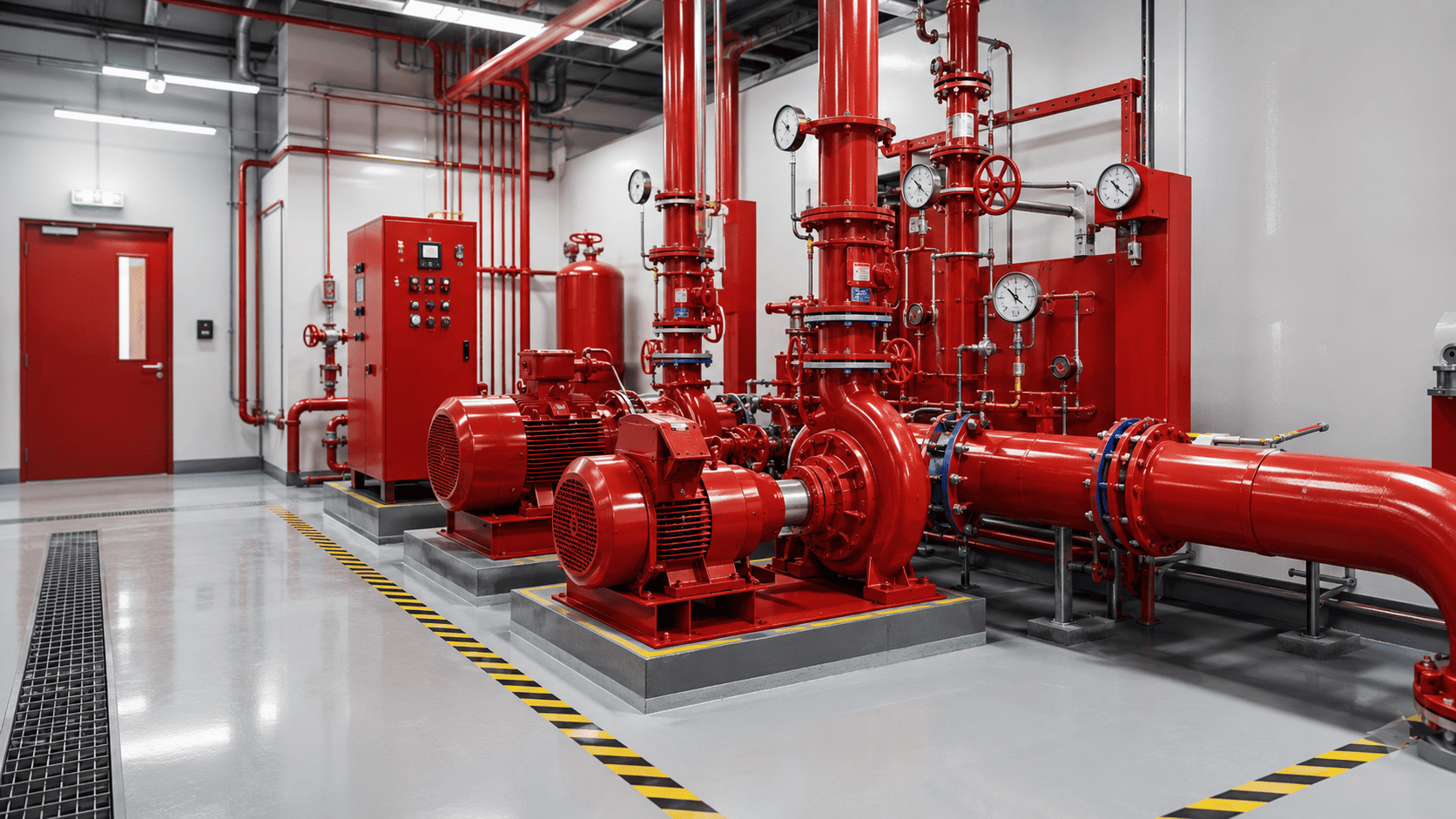 Clean fire pump room with fire pumps, valves, pressure gauges, and control panel
