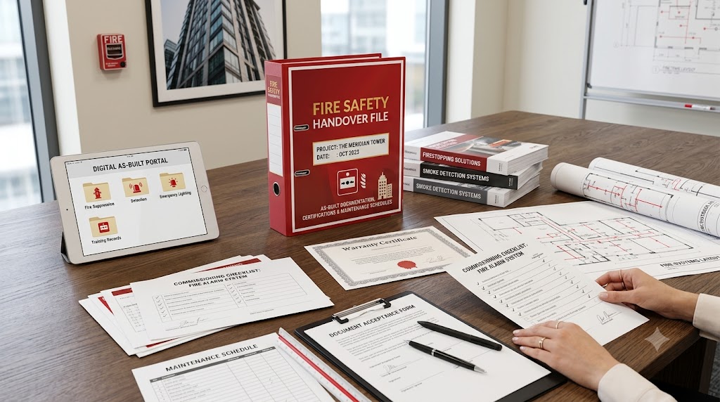 Fire safety handover documents with technical catalogs, drawings, and inspection checklist on a project desk