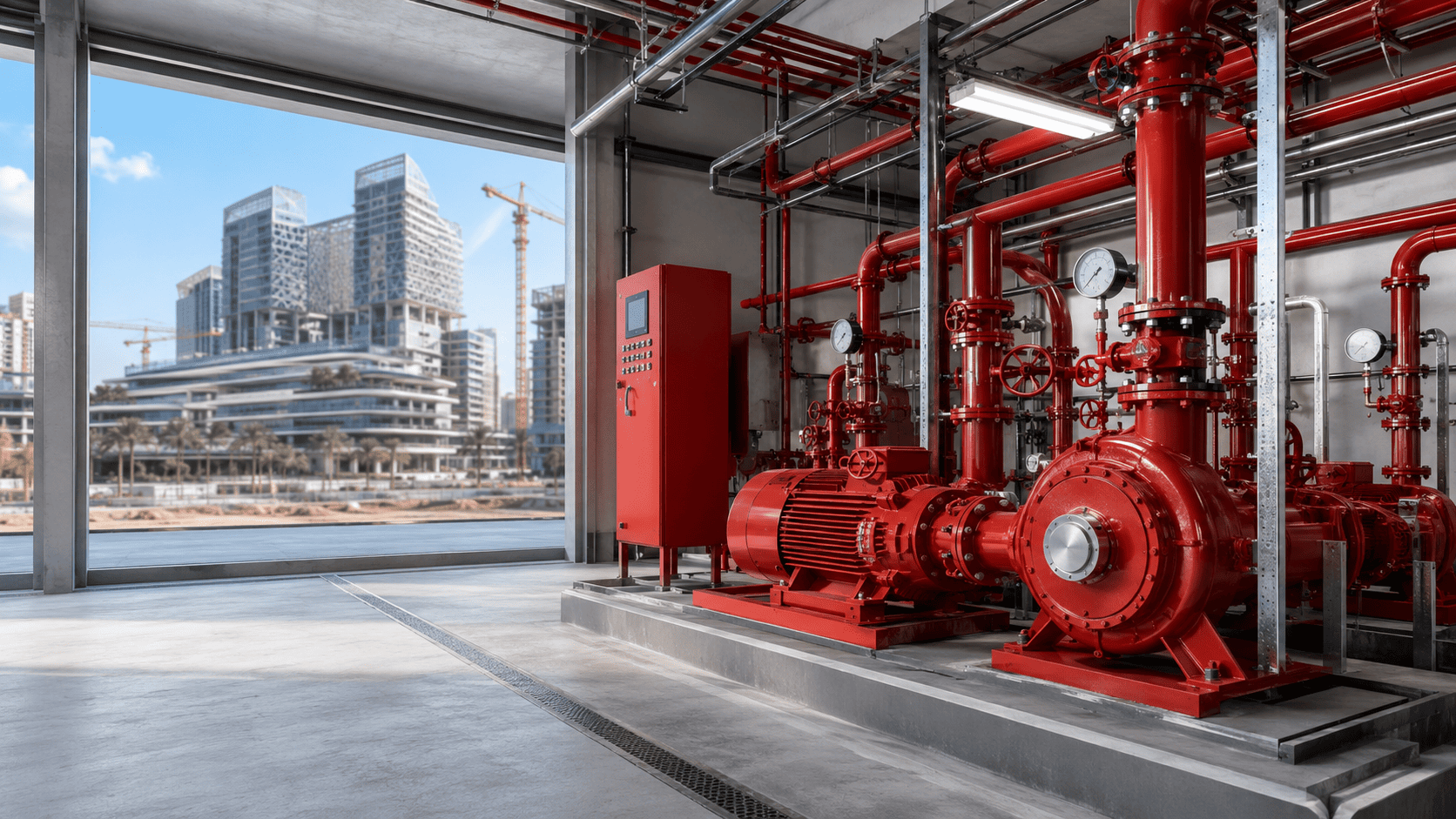 Certified fire pumps installed in a modern Saudi construction project