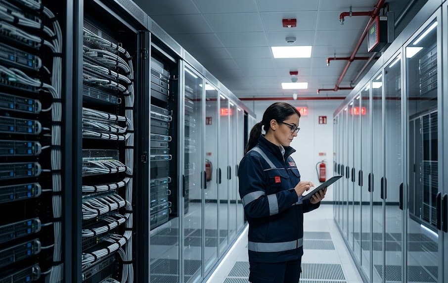 Safety engineer inspecting fire protection systems inside a modern AI data center