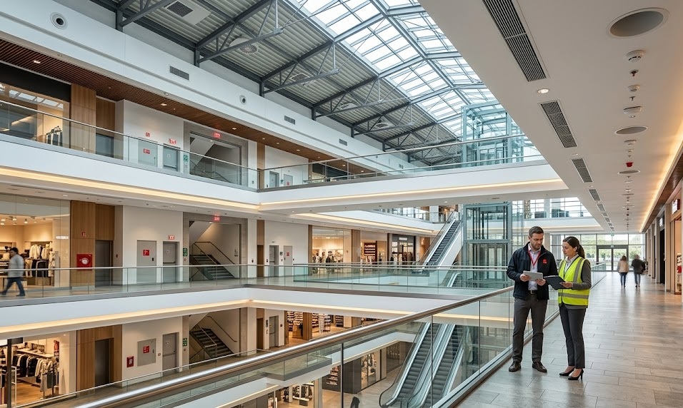 Modern building atrium with smoke control systems and a safety engineer reviewing fire safety plans