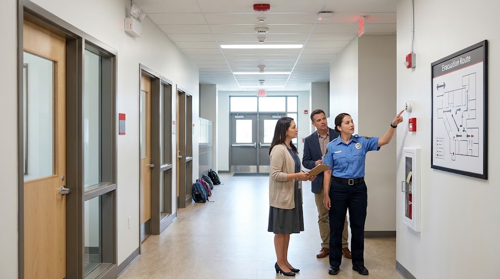 School safety officer reviewing fire safety and evacuation readiness inside a modern educational building