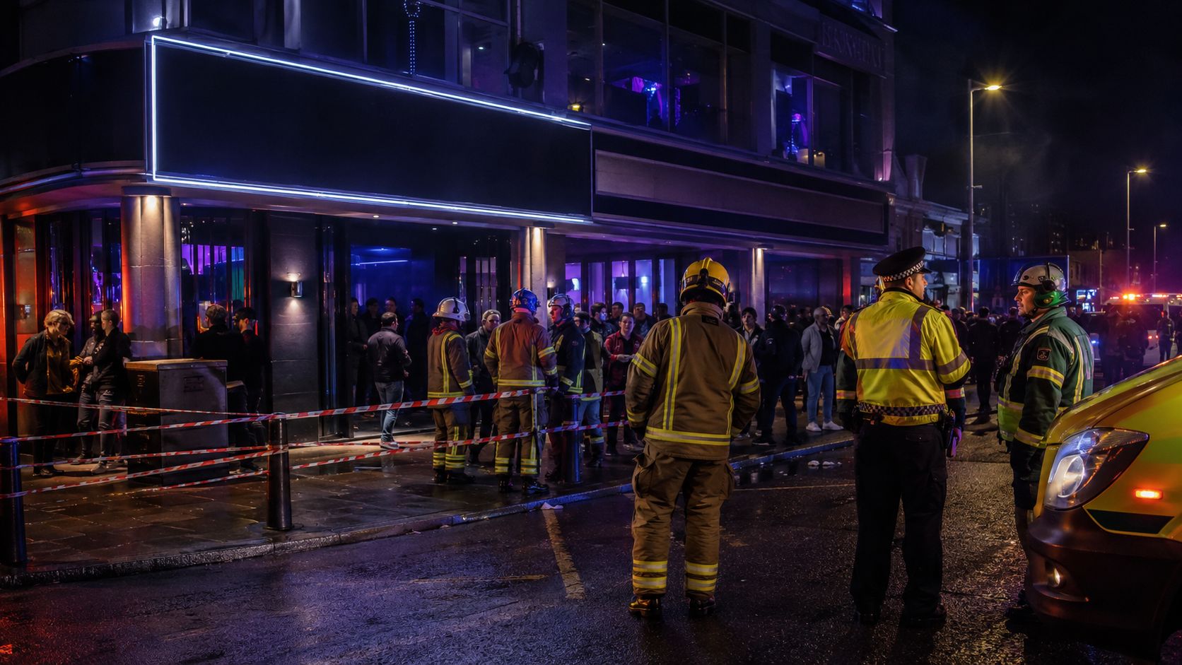 Emergency responders outside a crowded public venue after a fire safety incident