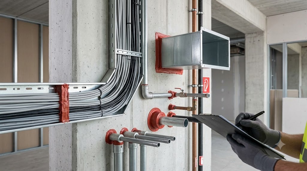 Fire-rated wall with sealed MEP penetrations using red firestop sealant and collars