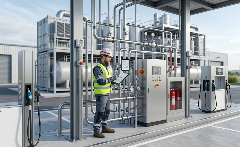 Safety engineer inspecting components at a modern hydrogen fueling station