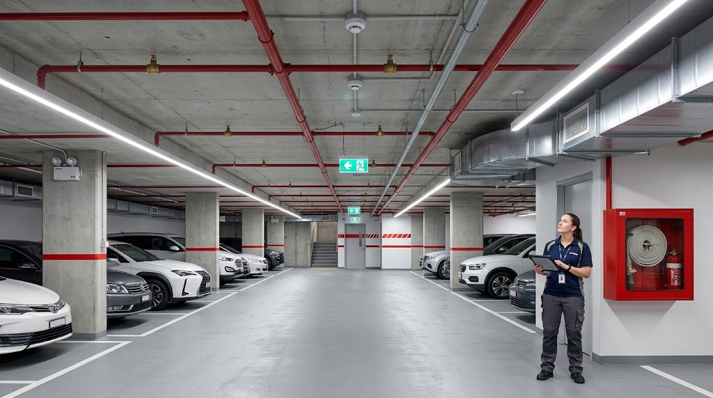 Safety engineer inspecting fire protection systems inside a modern underground parking area