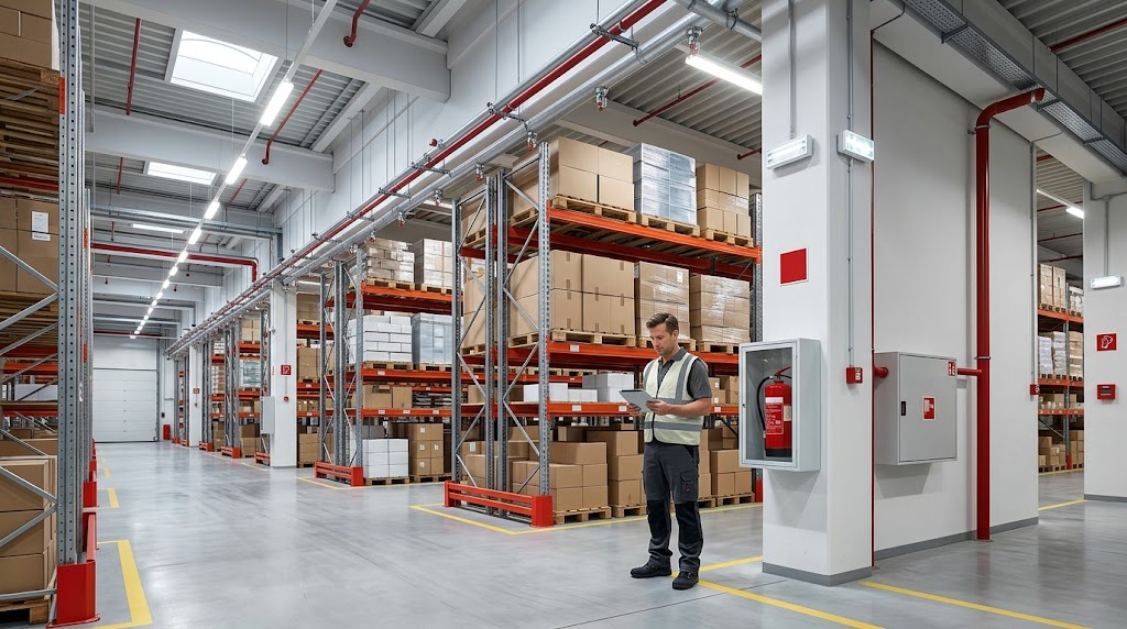 Safety engineer inspecting storage layout and fire protection systems inside a modern warehouse