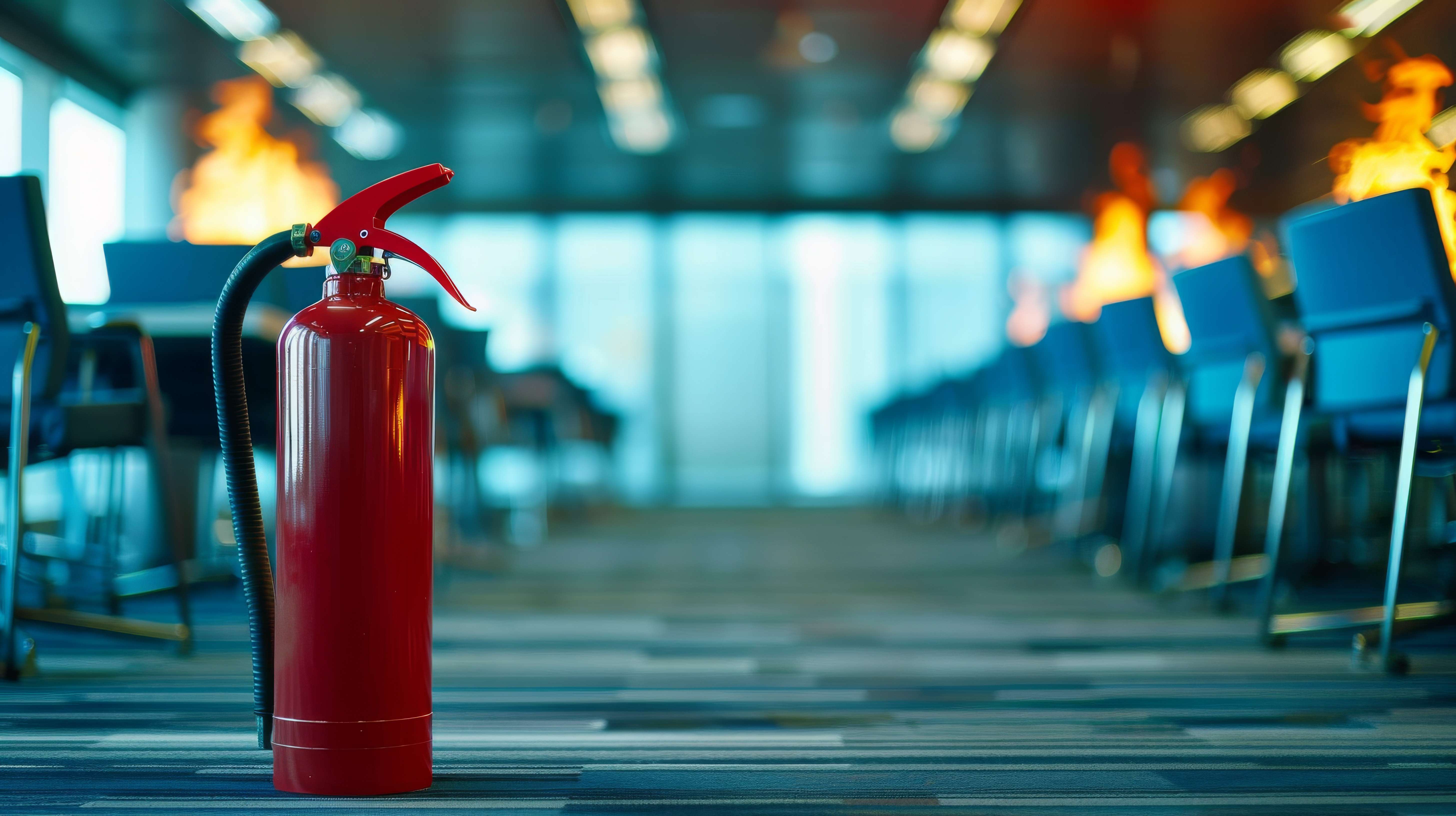 Safety technician inspecting a wall-mounted fire extinguisher inside a modern building corridor