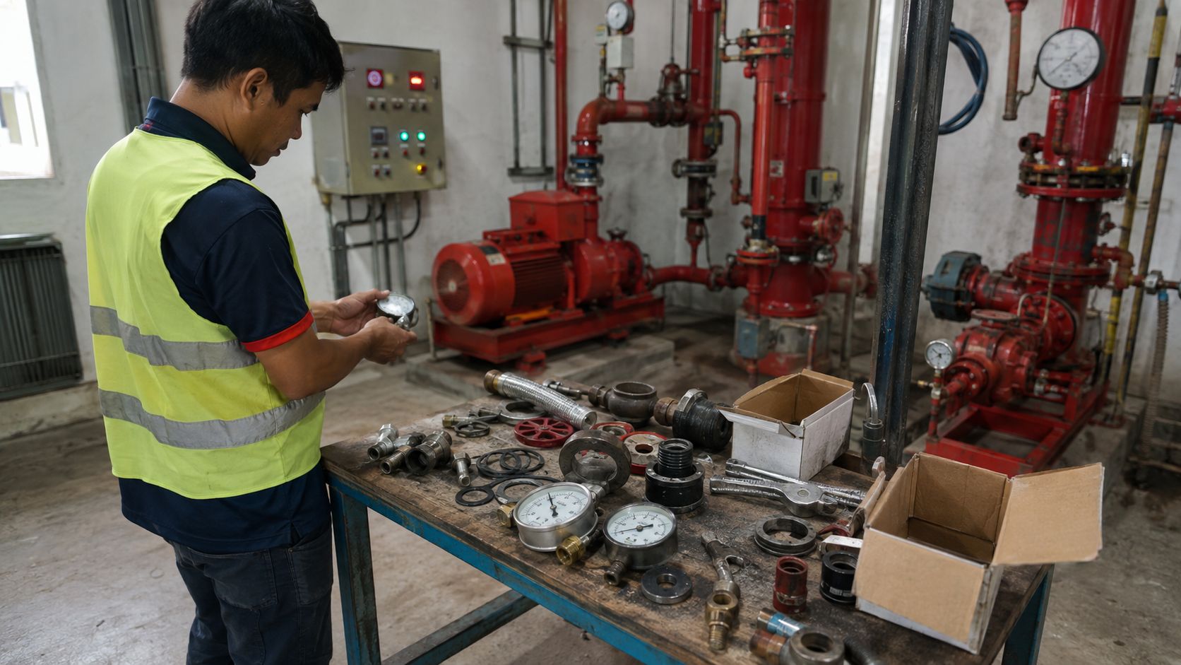 Fire pump spare parts arranged on a maintenance table inside a professional fire pump room
