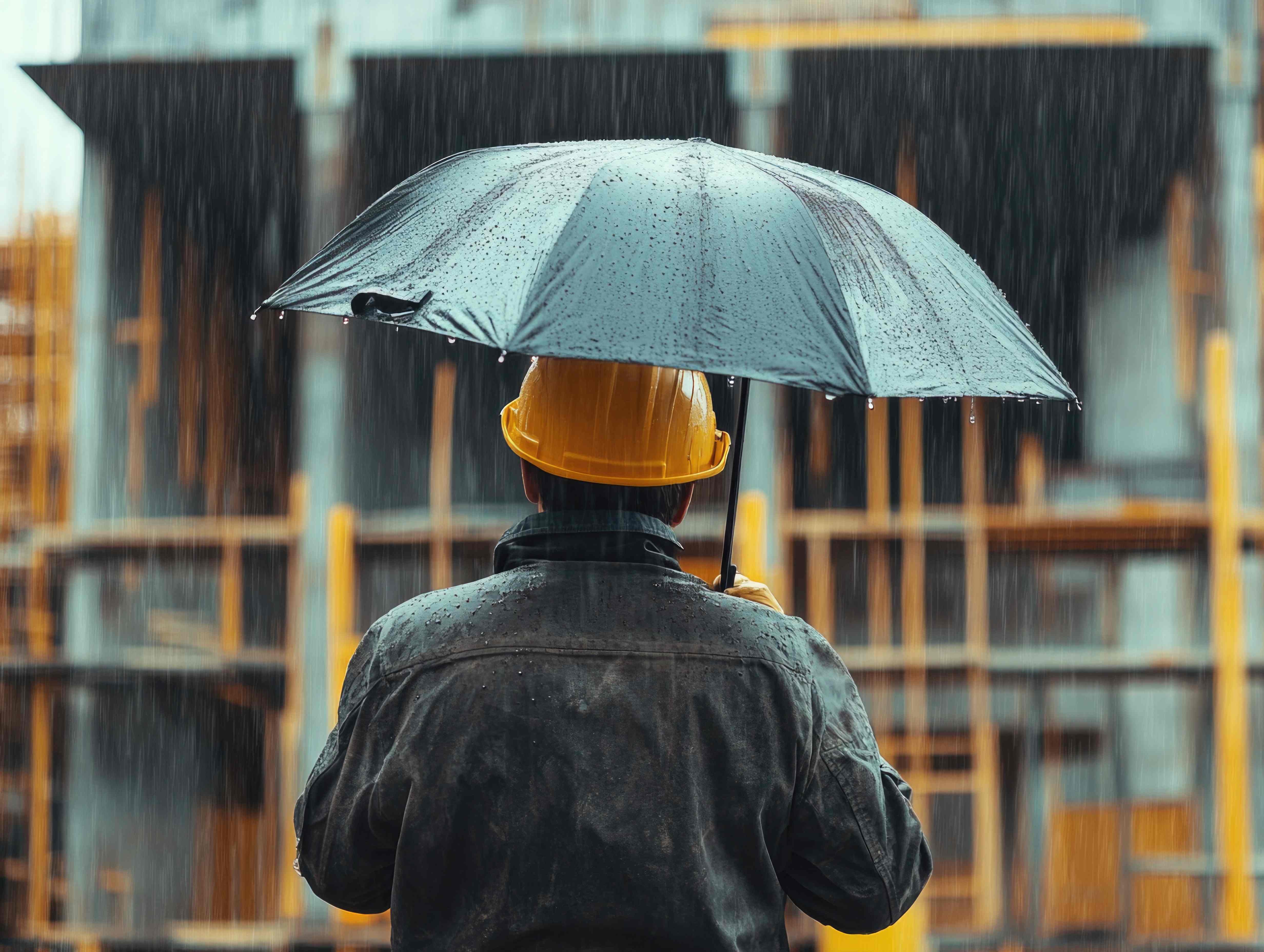 Facility safety engineer inspecting building readiness during heavy rain and stormy weather