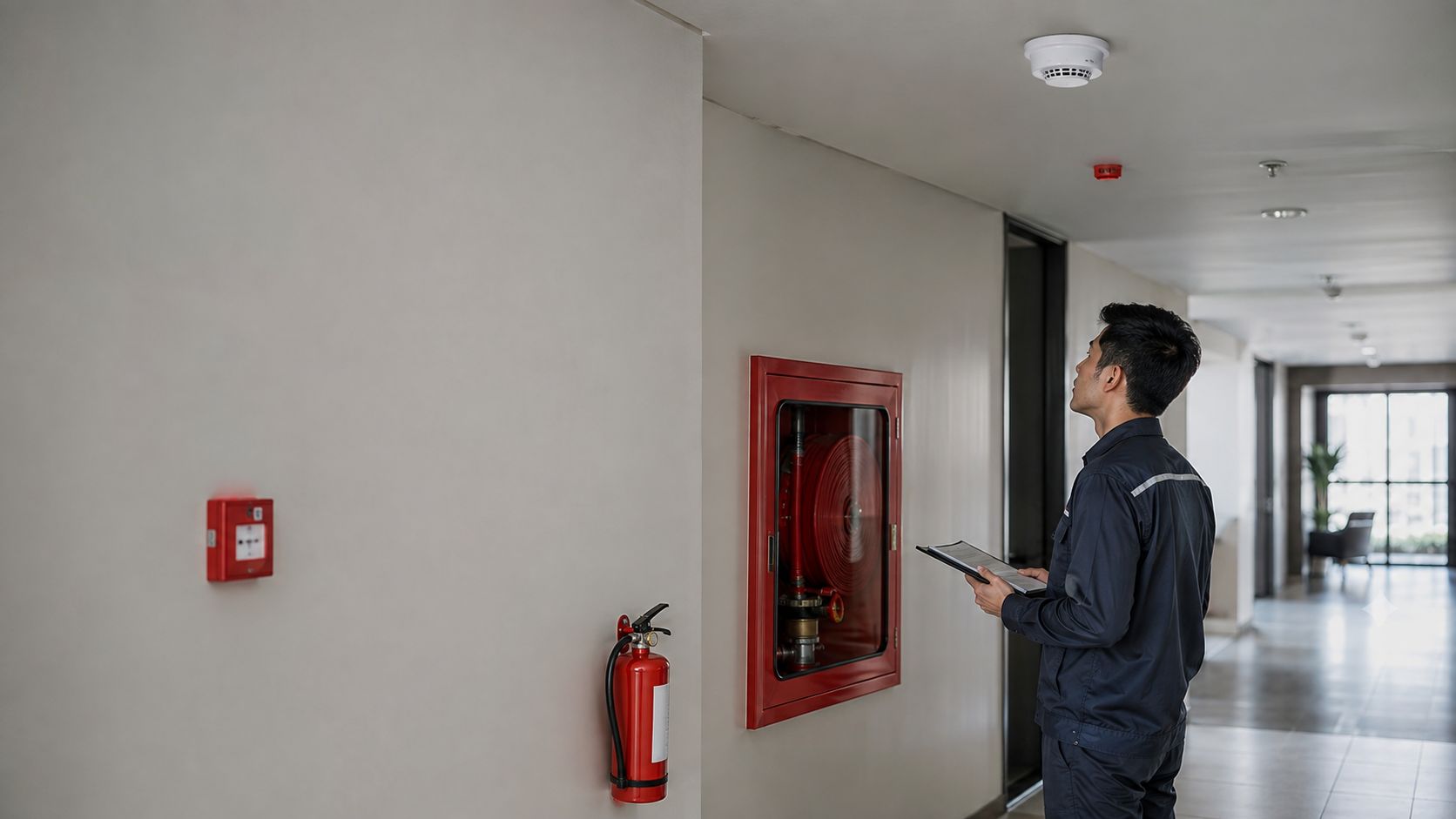 Safety officer inspecting a smoke detector and fire extinguisher inside a modern building