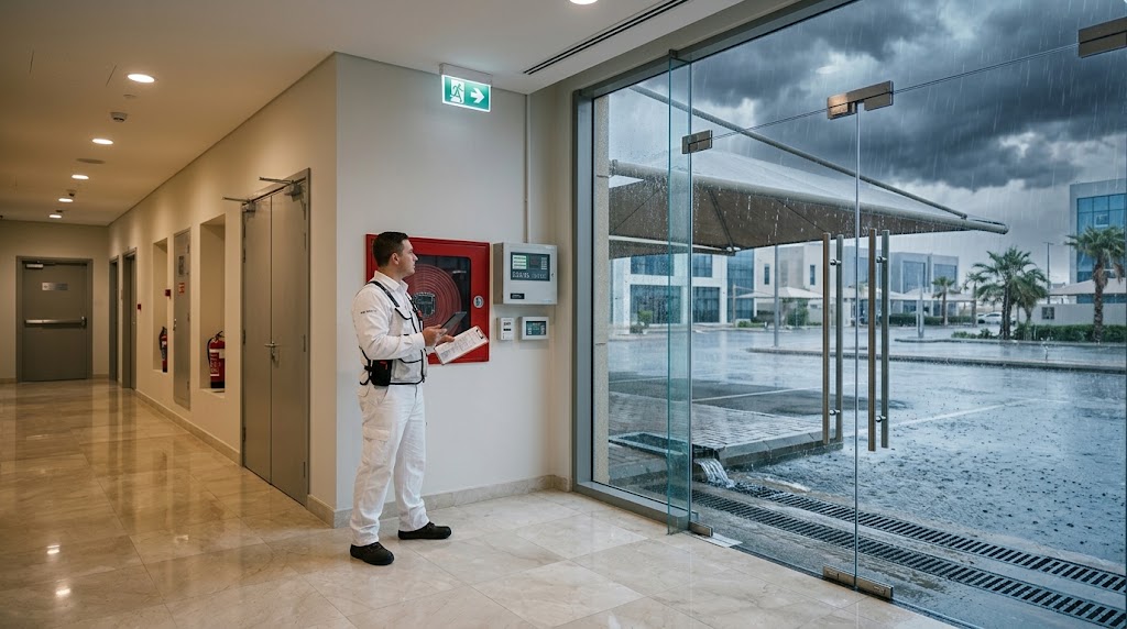 Safety engineer inspecting building safety equipment during rainy and stormy weather