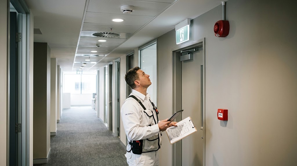 Safety technician inspecting a ceiling-mounted smoke detector inside a modern building corridor