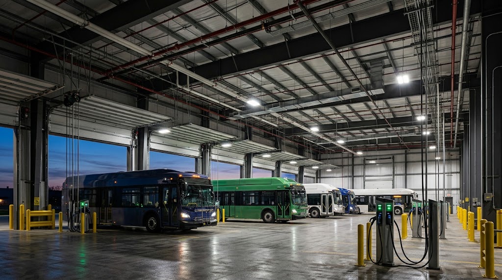Electric bus depot with charging facilities and fire protection infrastructure