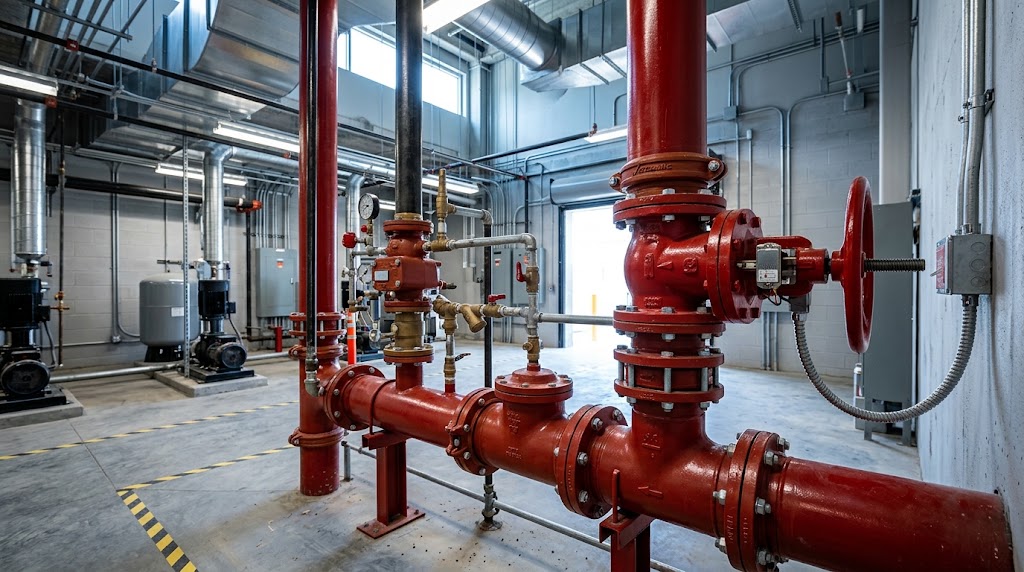 Fire protection control valves and red water-based fire suppression piping inside a mechanical plant room